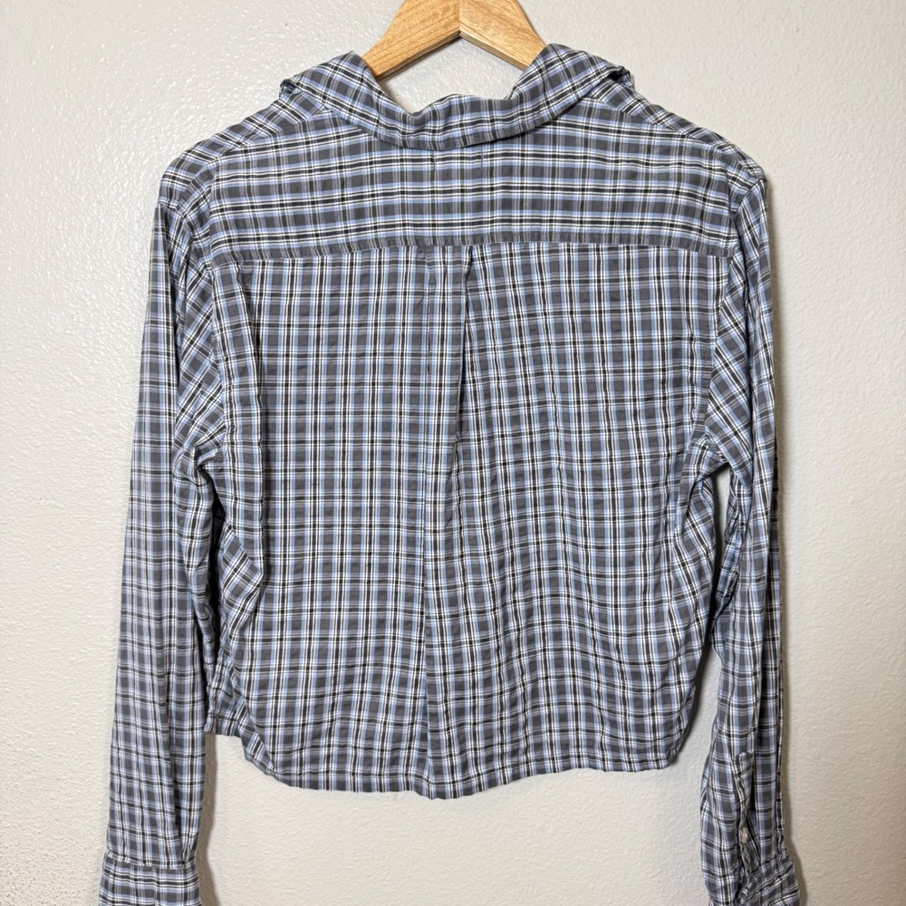 Aerie Plaid Cropped Button Up‎ Shirt Womens XS Blue Grey Long Sleeve Casual - Picture 6 of 8